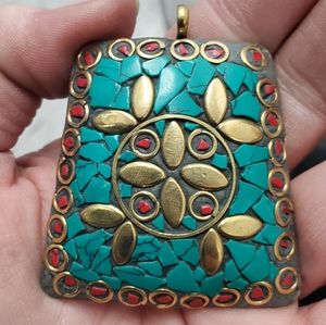 New Tibetan Turquoise and Coral 925 Silver Brass Pendant.